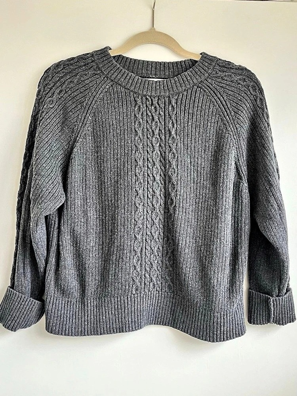 LOFT Cable Knit Crewneck Sweater Gray Small Like New